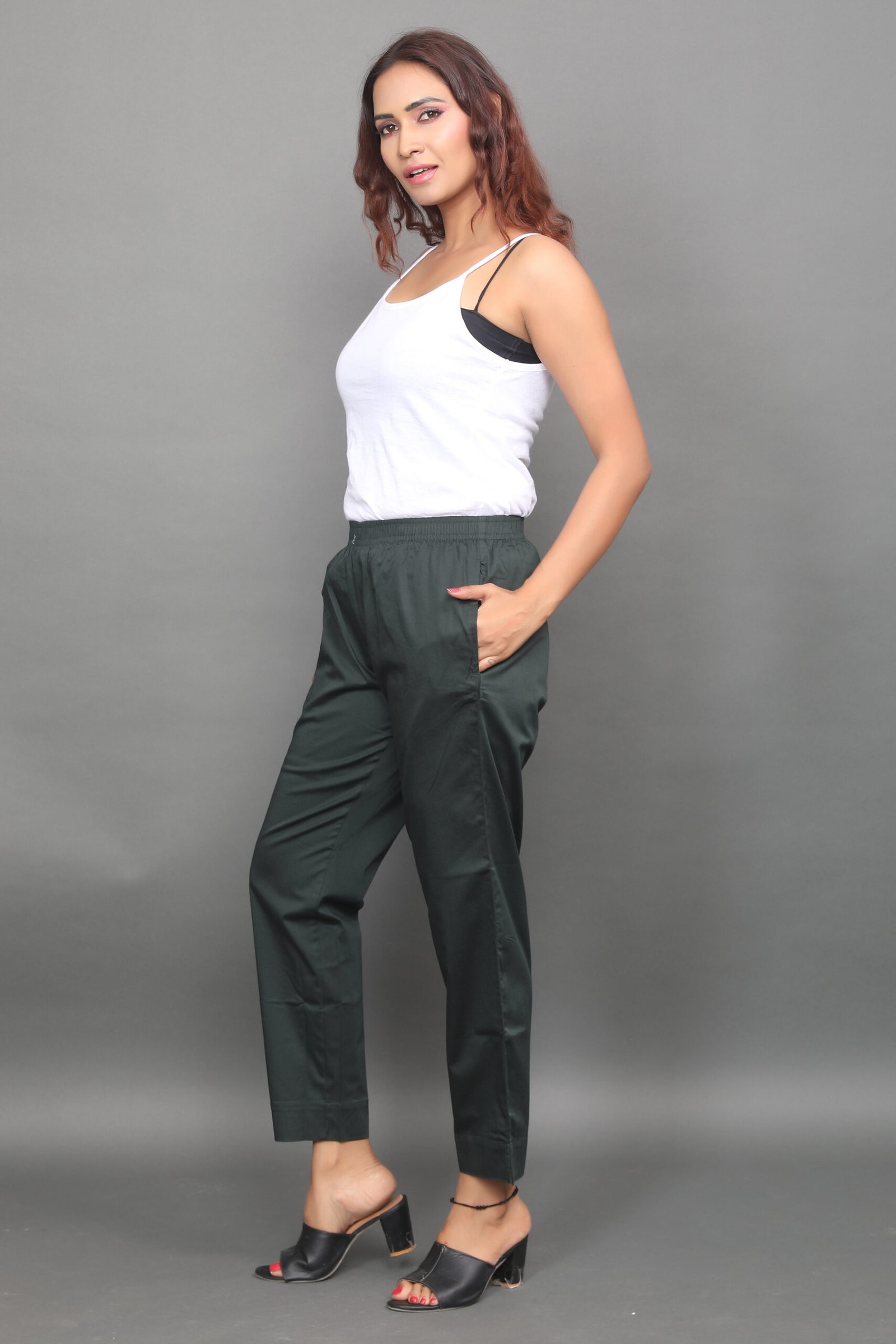 Bottle Green Pre Washed Cotton Stretch Pant Full Elastic - Image 3
