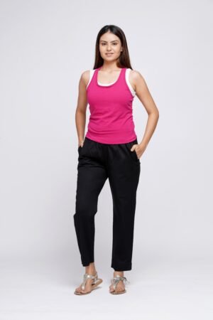 Black Pre Washed Cotton Stretch Narrow Pant-Half Elastic