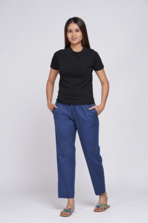 Blue Pre Washed Cotton Stretch Pant Full Elastic
