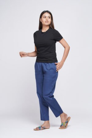 Blue Pre Washed Cotton Stretch Pant Full Elastic