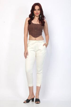 Off White Pre Washed Cotton Stretch Narrow Pant-Half Elastic