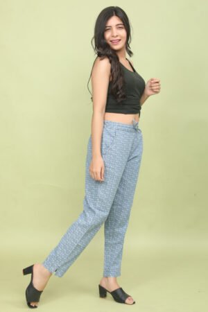 Ice Blue Pre-Washed Denim Print Cotton Pants – Half Elastic Comfort