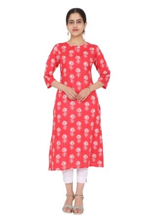 Red Block Print Super Cotton A-Line Kurti