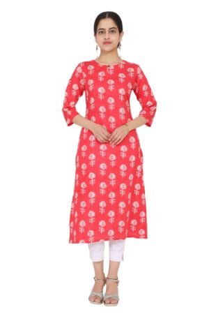Red Block Print Super Cotton A-Line Kurta with Keyhole Neck