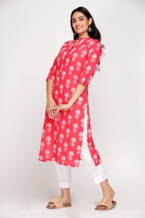 Red Floral Print Super Cotton Kurta with Mandarin Collar