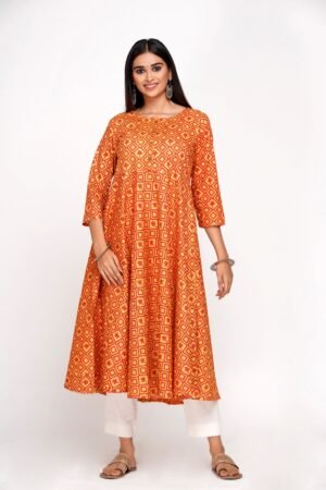 Yellow Geometric Block Print Super Cotton Anarkali Kurta