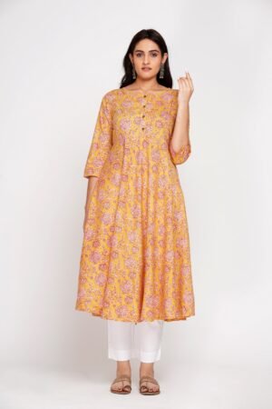 Yellow Floral Block Print Super Cotton Anarkali Kurta