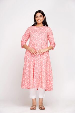 Pink Motif Block Print Super Cotton Anarkali Kurta