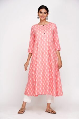 Pink Floral Block Print Super Cotton Anarkali Kurta