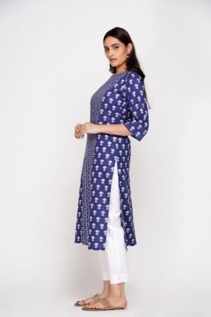 Blue Centre Panelled Block Print Super Cotton A-Line Kurta