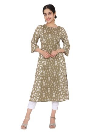 Green Leafy Side Panelled Super Cotton A-Line Kurta