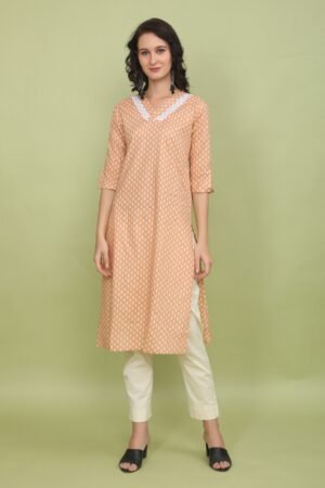 Peach Micro Print Super Cotton Kurta with Lace Detail