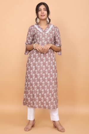 Chocolate Brown Printed Pure Mul Cotton Kurta with Lace Detail