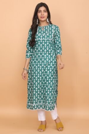 Green Geometric Print Super Cotton Kurta with Lace Detail