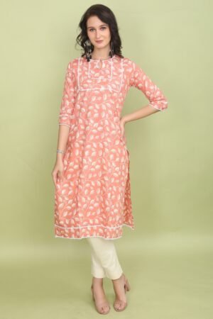 Peach Leafy  Print Super Cotton Kurta with Lace Detail