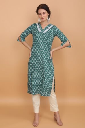 Green Micro Print Super Cotton Kurta with Lace Detail