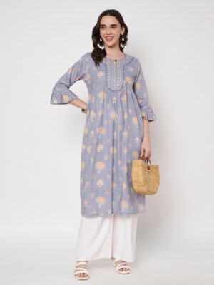 Grey Floral Print Super Cotton Kurta with Flared Sleeves