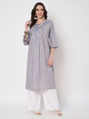 Light Grey Super Cotton Kurta with Work & Flared Sleeves