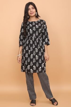 Black & White Floral Short Kurti with Striped Pants Set