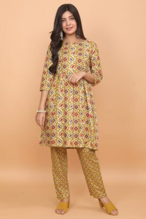 Mustard Mixed Print Short Anarkali & Pant Set