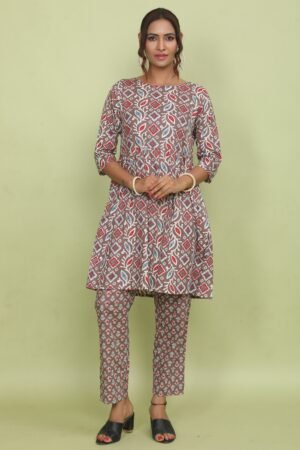 Chocolate Brown Mixed Print Short Anarkali & Pant Set