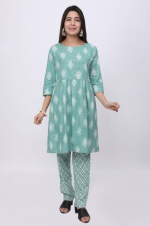 Sea Green Floral Short Anarkali & Pant Set