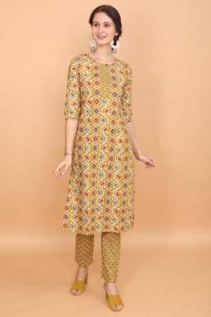 Mustard Mixed Print Super Cotton Kurta & Pant Set With Yoke Detail