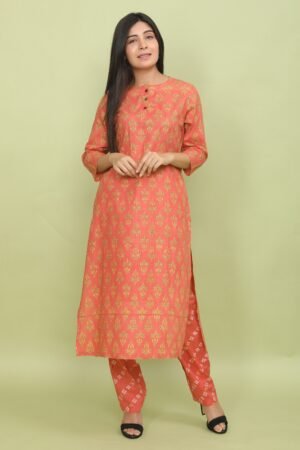 Kesariya Print Super Cotton Kurta & Pant Set With Buttondown Details