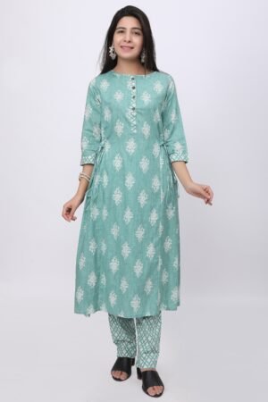 Sea Green Floral Print Super Cotton Anarkali Kurta & Pant Set with Side Ties