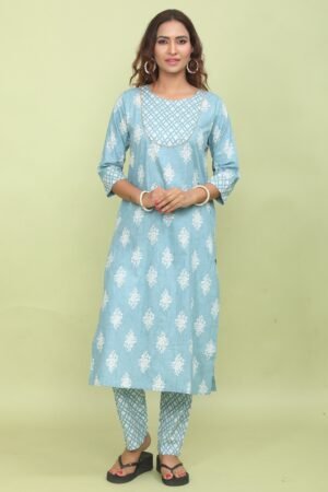 Sky Blue Floral Print Super Cotton Kurta & Pant Set with Yoke Detail