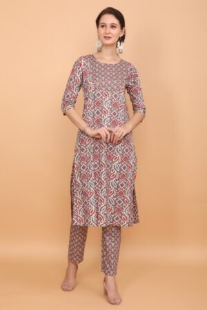 Chocolate Brown Mixed Print Super Cotton Kurta & Pant Set with Yoke Detail