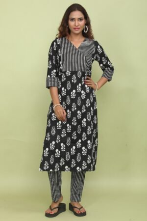 Black & White Floral Print Super Cotton Kurta & Pant Set with Striped Yoke