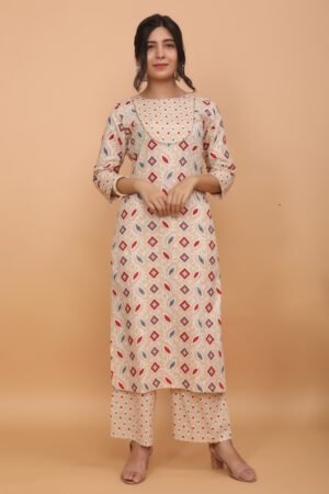 Cream Mixed Print Super Cotton Kurta & Pant Set with Yoke Detail