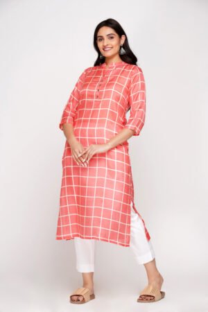 Pink Checkered Print Cotton Silk Kurta with Mandarin Collar