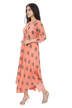 Peach Floral Print Cotton Silk Flared Anarkali Kurta