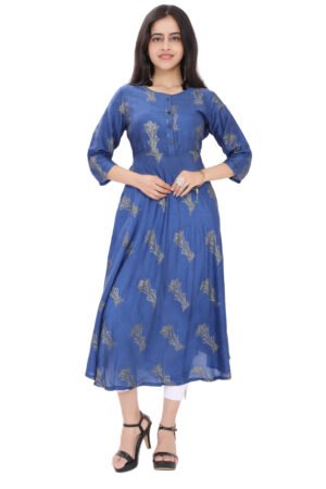 Royal Blue Floral Print Cotton Silk Flared Anarkali Kurta