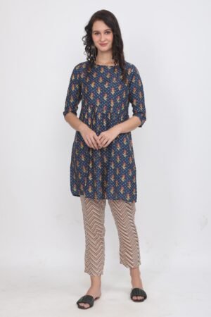 Navy Blue Floral Print Cotton Silk Pleated Short Anarkali & Pant Set