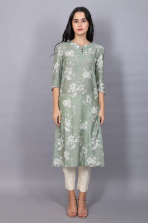 Sage Green Floral Sketch Print Cotton Silk Kurta