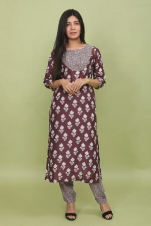 Wine Floral Print Cotton Silk Kurta & Pant Set with Geometric Yoke