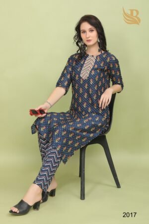 Navy Blue Floral Print Cotton Silk Kurta & Pant Set