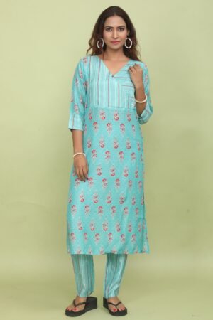 Turquoise Blue Floral Print Cotton Silk Kurta & Pant Set