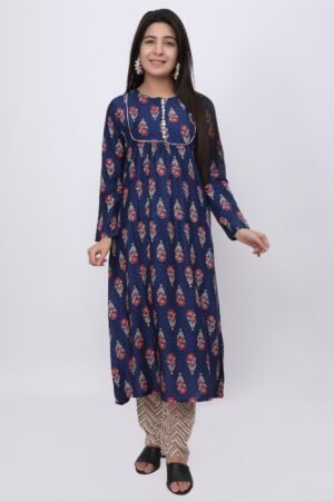 Navy Blue Floral Print Cotton Silk Pleated Anarkali & Pant Set