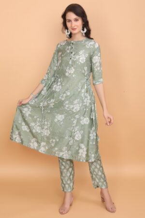 Olive Green Floral Print Cotton Silk Anarkali Set with Side Ties