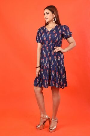 Navy Blue Floral Print Silk Cotton Tunic