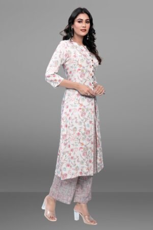 Cream Floral Digital Print Liva Silk Kurta & Palazzo Set
