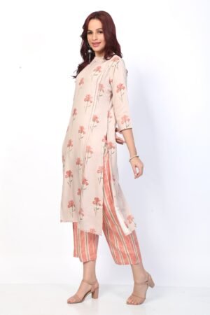 Chiku Floral Print Liva Silk Kurta & Striped Palazzo Set