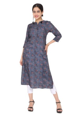 Navy Blue Geometric Print Muslin Silk Kurta