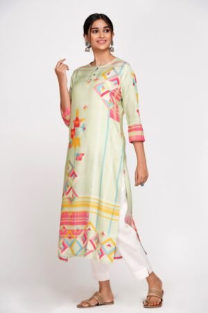 Mint Green Geometric & Floral Print Muslin Silk Kurta