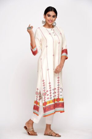 Cream Vertical Stripe & Border Print Muslin Silk Kurta
