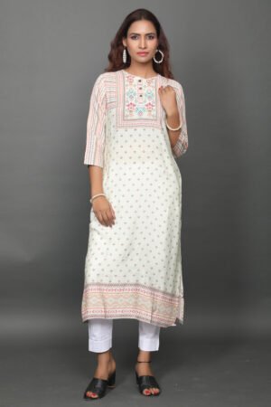 Cream Geometric Yoke & Motif Print Muslin Silk Kurta